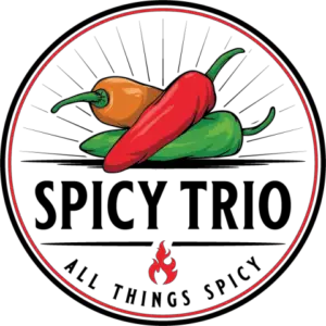 Spicy Trio Logo: Three chili peppers, red, orange, green with a little flame