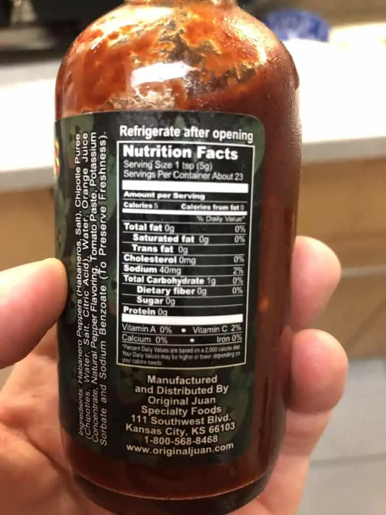Photo of Da' Bomb hot sauce's nutritional label 
