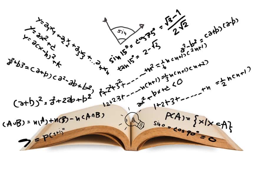 Photo of an open book lying on a white background with trigonometry calculation emerging from the book.