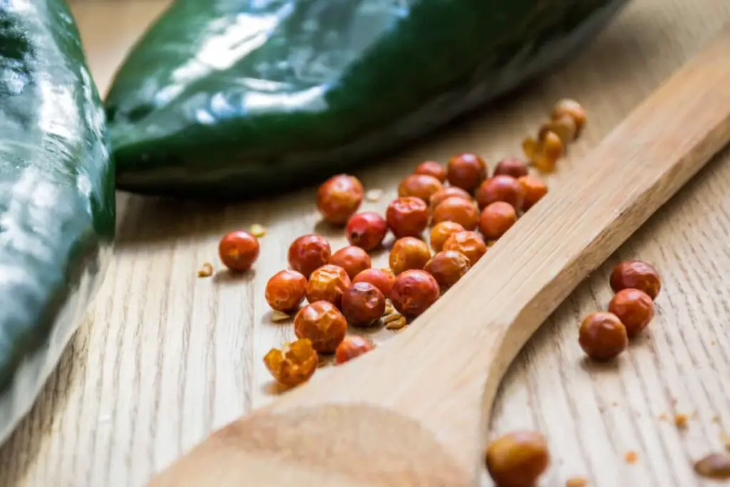 Photo of red dried Chiltepin peppers next to a large wooden spoon