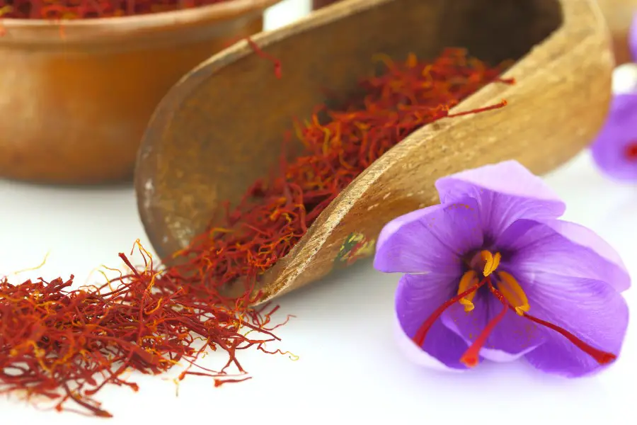 Photo of saffron pouring out of a wood spoon with a saffron flower to the lower right