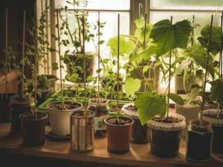 Photo of lots of vegetables growing on a windowsill