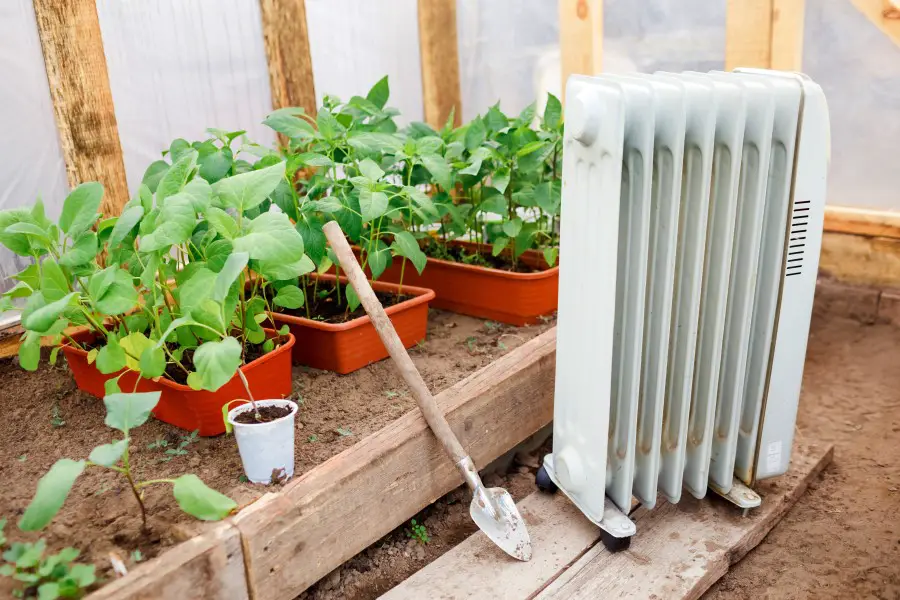 Photo of a space heater inside a greenhouse