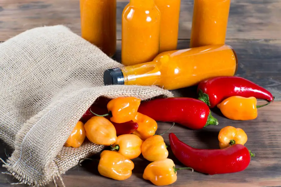 Photo of 4 bottles of hot sauce next to a bag of hot chili peppers