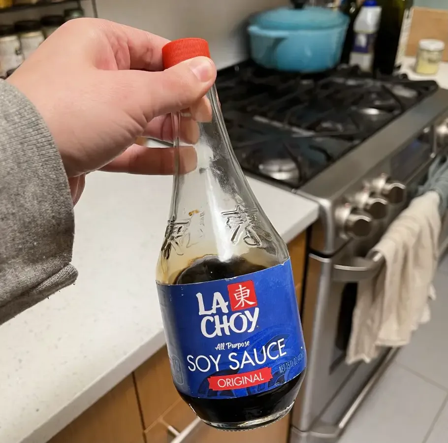 Photo of soy sauce in a glass container