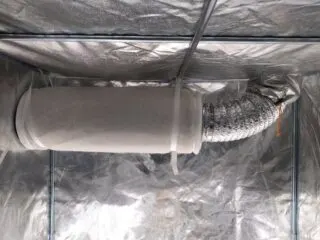 Cylindric shaped carbon filter hung in a grow tent